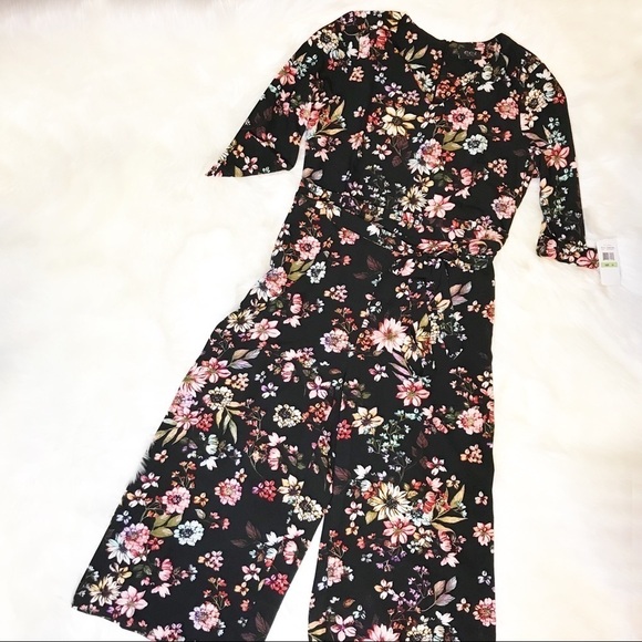 ECI Floral Print Waist Tie Jumpsuit Blk Multi 14 - Picture 3 of 6